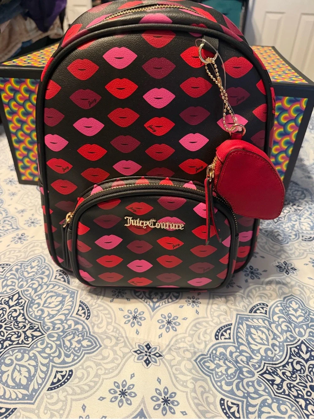 Juicy Couture Black Lip-Print Mini Backpack with Pink & Red Accents
